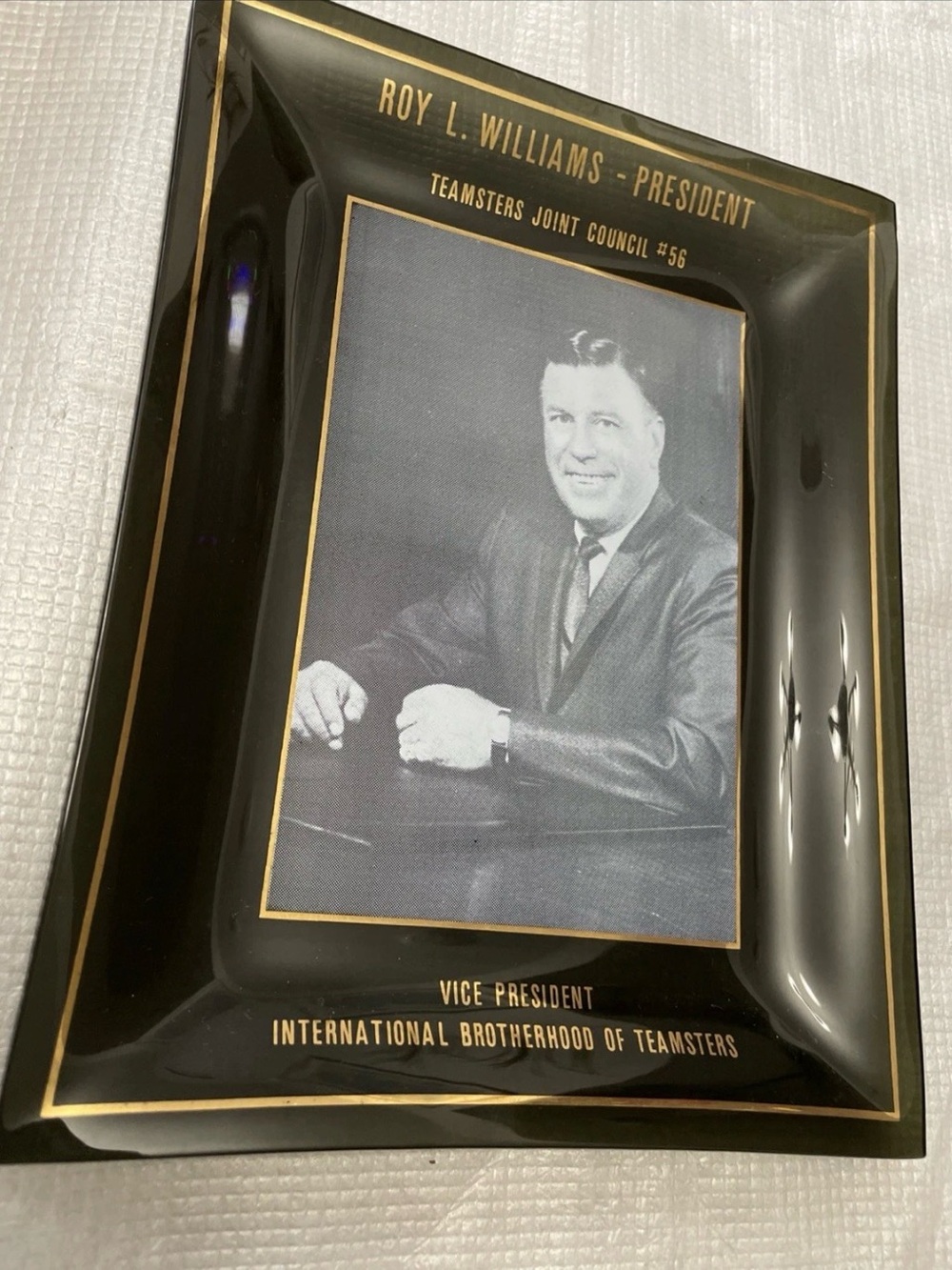 1970s Teamsters Vice President Roy L. Williams Commemorative Glass Tray 9”x7”